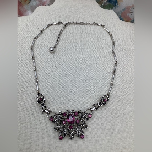 Vintage Coro Signed Amethyst Rhinestones Silver Necklace - Picture 3 of 5